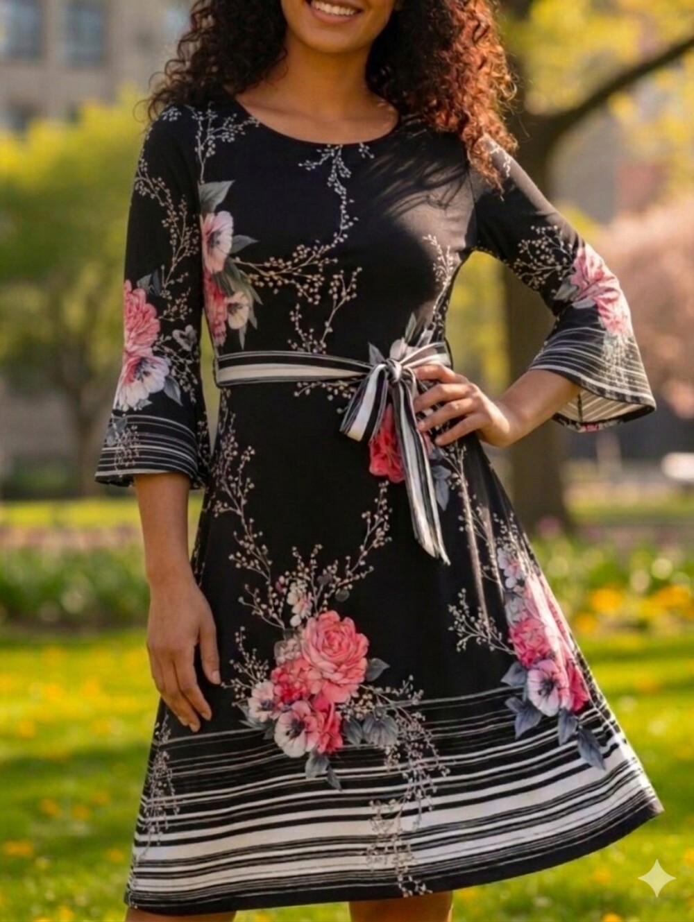Sandra Darren Black Floral Trumpet Sleeve Fit and Flare Midi Dress M